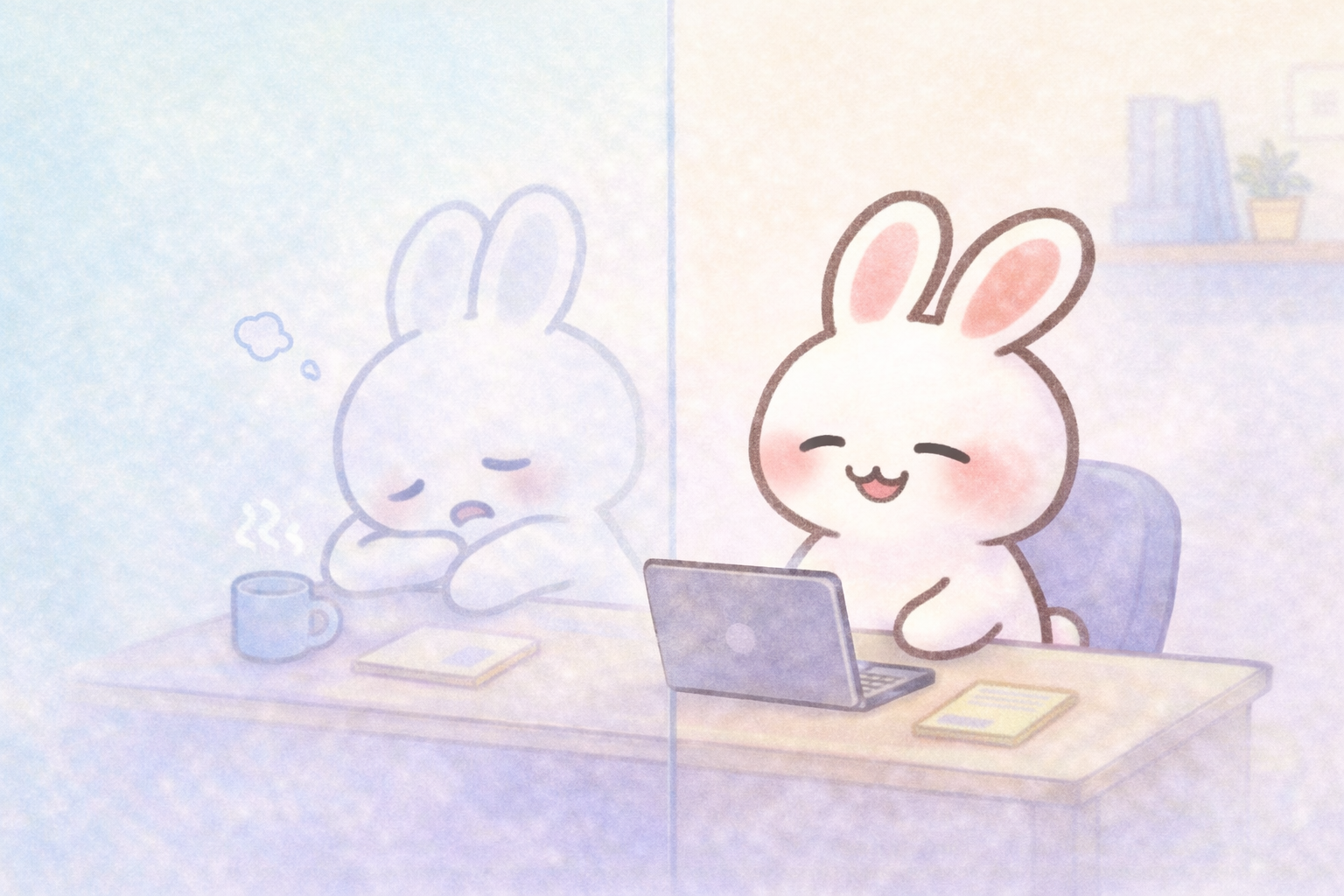 幸せなウサギと疲れたウサギ