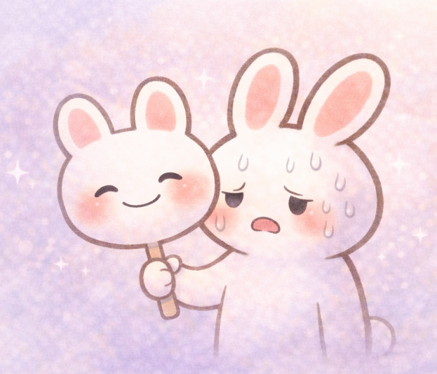 笑顔の裏の疲れたうさぎ